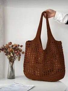 Lightweight Foldable Hollow Handmade Knitted Travel Bag Women Casual Textured Commuter Bag Crochet Tote Beach Bag Multi-Functional Knit Shoulder Bag Large Capacity Lunch Bag For Summer Vacation Dating