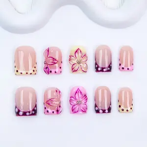 Nailssbysheccid, 10pcs press-on nails, square shape, 100% handmade, simple style, combined with French style, Nail Art Design, suitable for family dinners, dates, weddings, a great gift for girls, comes with jelly glue, crystal sticks and twisting rods