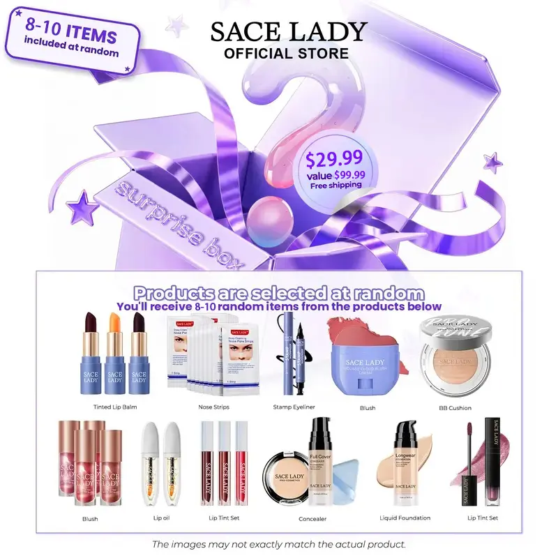 SACE LADY Mystery Makeup Surprise Box, 10Pcs Random Beauty Cosmetics Gift Set with Lipstick, BB Cushion, Eyeliner, Blush, Concealer, Lip Balm, Foundation & Brow Pencil, Back to School Makeup Kit