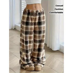 Casual Women's Plaid Pattern Plush Comfortable Warm Autumn Winter Straight Pants Long Pants Home Outing Fashion Womenswear Bottom Trouser Color MixingGift