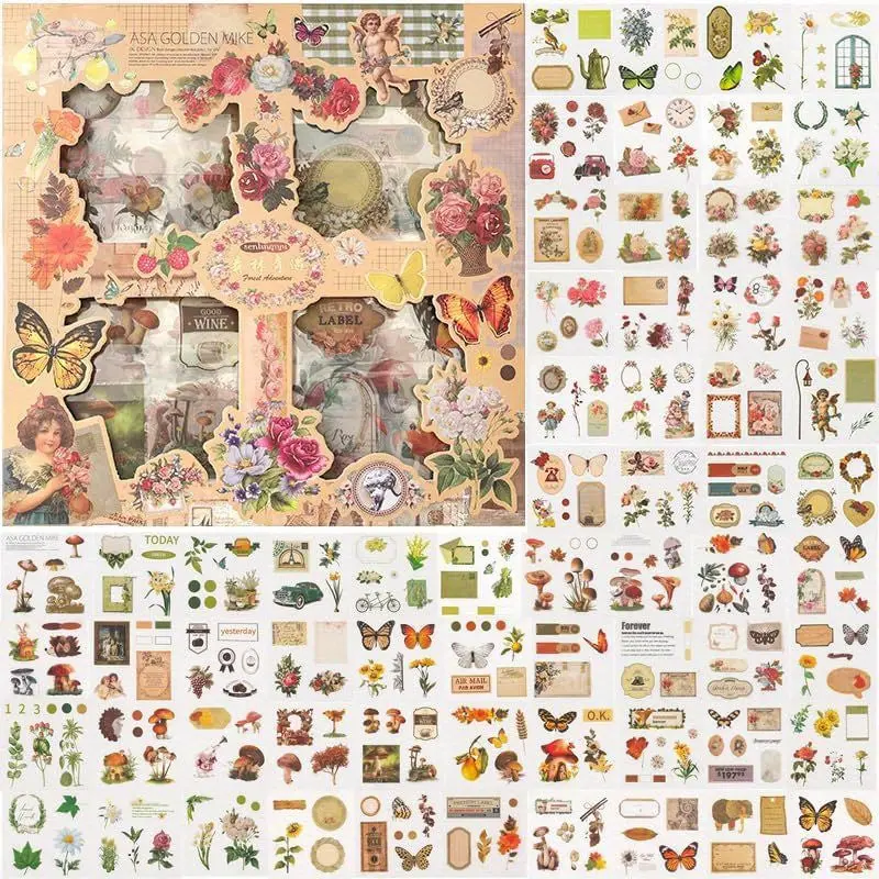 Vintage Charm Decorative Stickers Packs - 100 PET Sheets, 500 Unique Rich-Color Artistic Designs, Office Stationery Labels for Journaling, DIY Crafts Projects