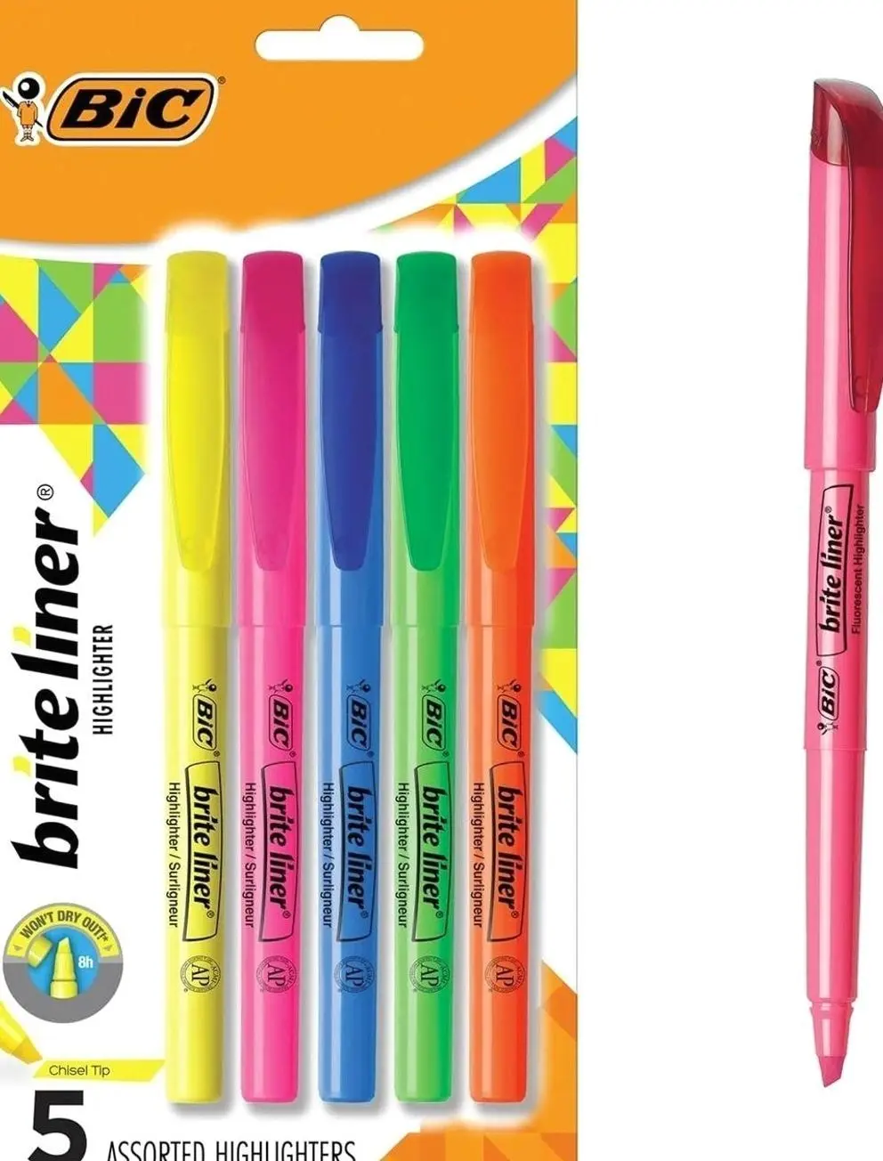 BIC Brite Liner Highlighters, Chisel Tip, 5-Count Pack, Assorted Colors