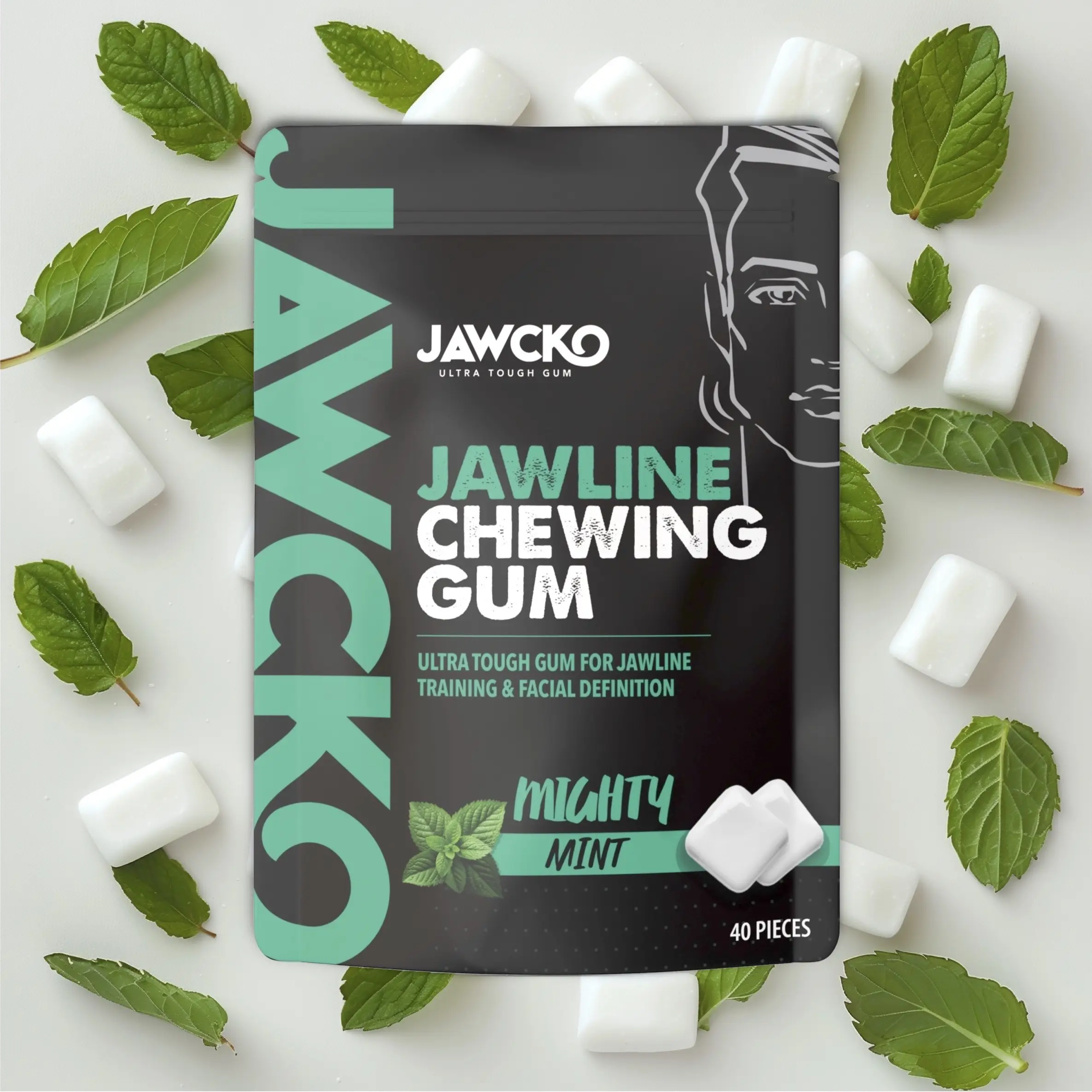 JAWCKO Ultra-Tough Jawline Gum | Get a Stronger, Squarer Jawline | 15X Strength | Mighty Mint Jaw Training Facial Fitness Hard Chewing Gum (40 pieces)
