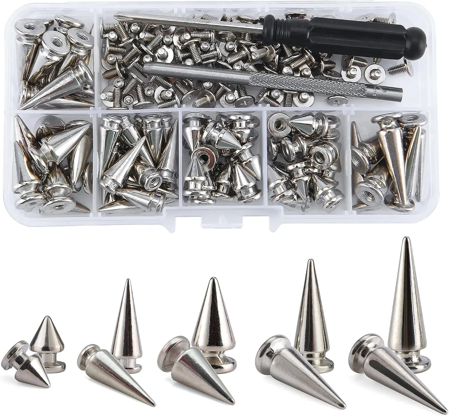 70 Sets Mixed Shape Spikes and Studs Assorted Sizes for Clothing - Silver Color Screw Back Bullet Tree Rivet for Leather Craft, Shoes, Belts, Bags, Dog Collars