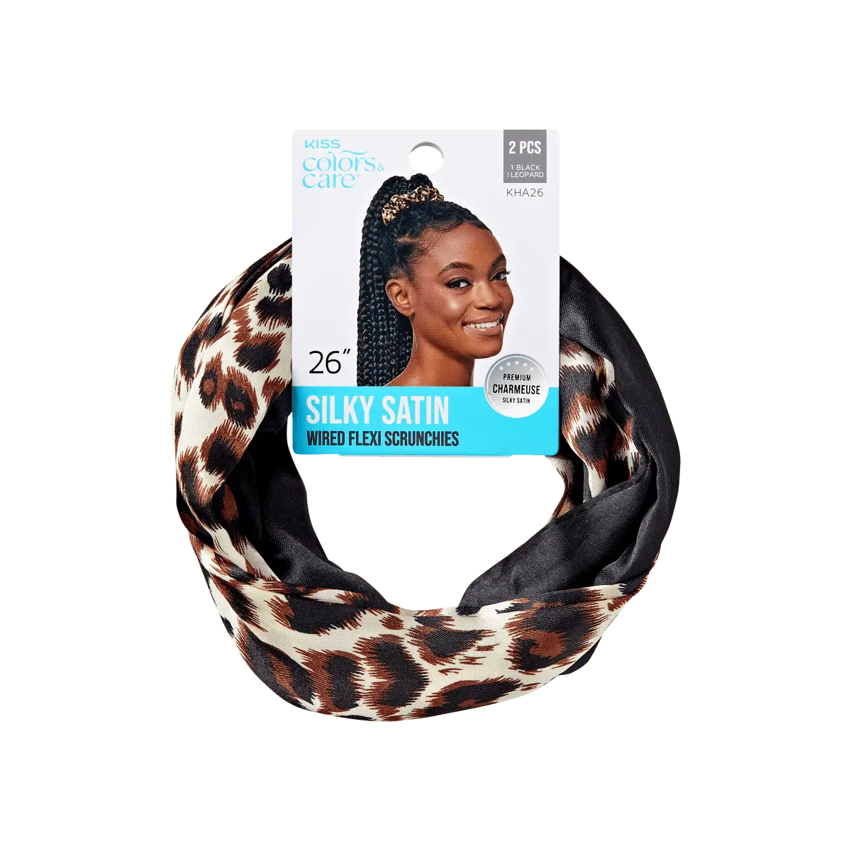 Kiss Colors & Care Silky Satin Flex Wired Scrunchies - Black/Leopard | Hair Tie, Hair Accessories