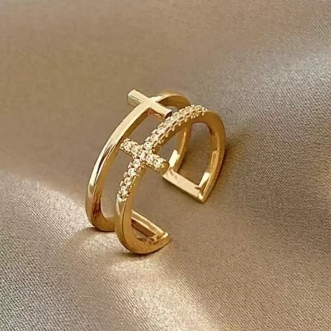 14K Gold Plated Double Cross Open Ring - Micro Pave Zircon, Adjustable, Dainty Stackable Religious Jewelry with Hamsa Hand, Ideal Gift for Her (Anniversary, Party)