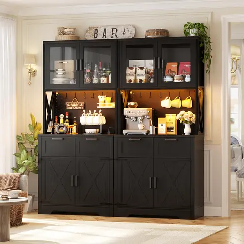 Unikito Pantry Cabinet with Charging Station, Adjustable LED Lights, Glass Door Display, 2 Drawers, Adjustable Shelf, Farmhouse Storage Cabinet for Kitchen, Dining Room, Living Room