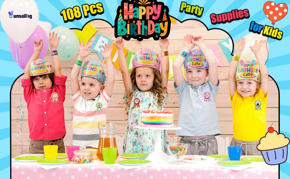 36 Sets Classroom Birthday Party Favors, Back to School Class Paper Birthday Crowns with Adjustable Elastic Band Badge Stickers Slap Bracelets, Birthday Hats Party Supplies Decor Birthday Gifts from Teacher for Kindergarten Preschool Elementary Student