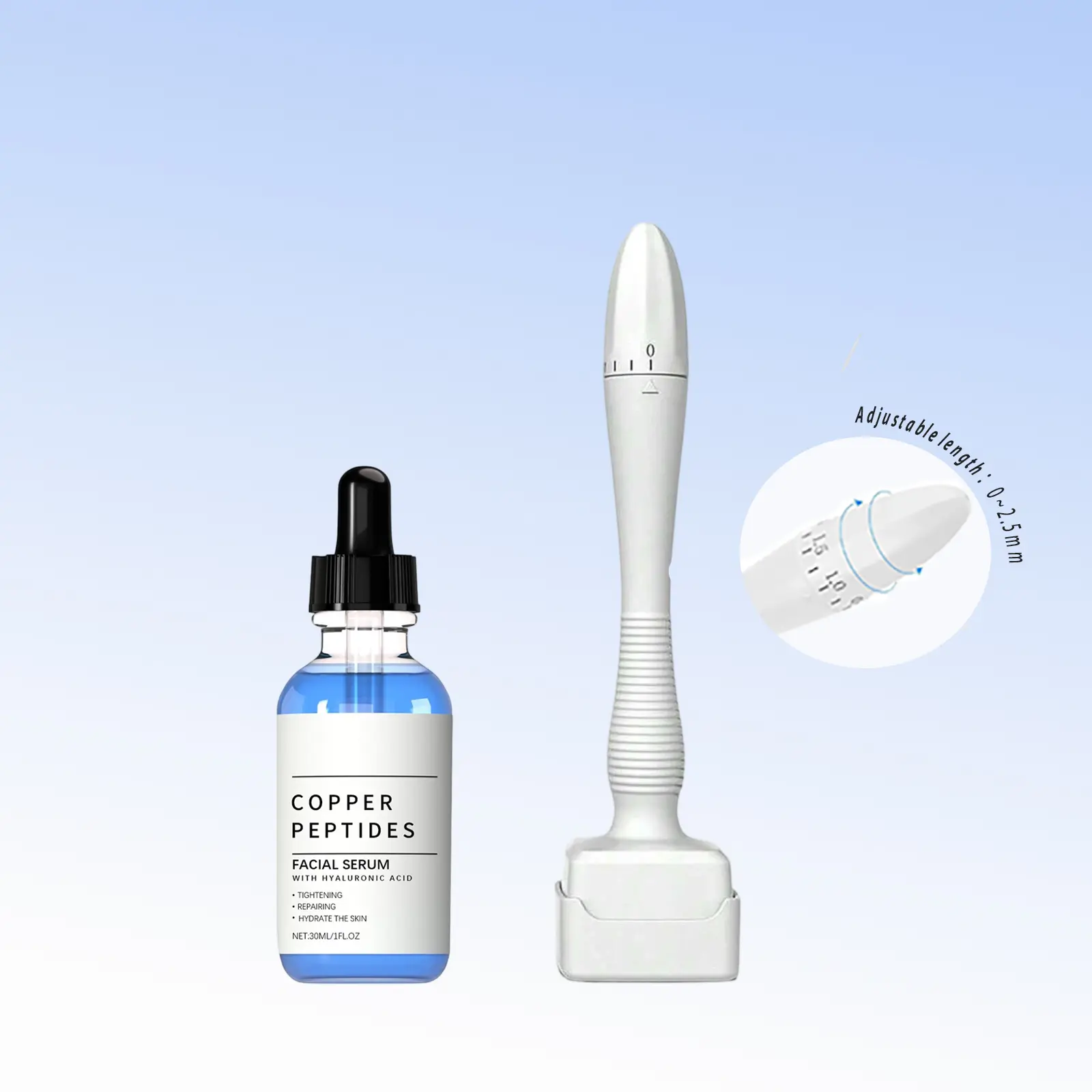 GHK-Cu Copper Peptides Facial Serum with Hyaluronic Acid, 2-in-1 Home Facial Care Kit with Adjustable White Skin Care Prep Stamper, Fragrance-Free Vegan Hydrating Face Essence Set for Men & Women, 30ml