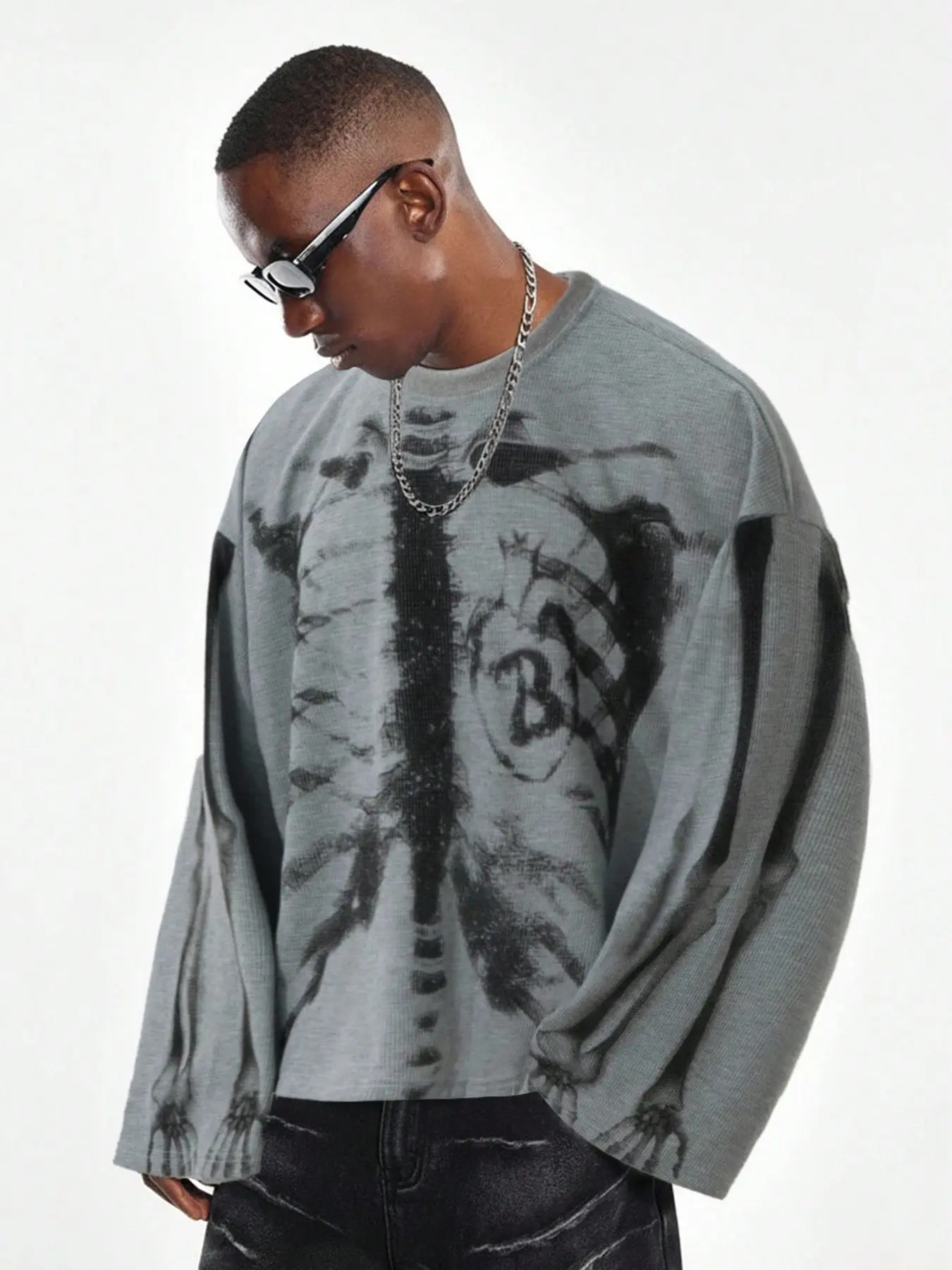 Men's Loose Waffle Print Long Sleeve T-Shirt, Soft Texture