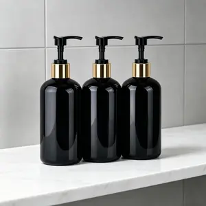 Three-piece large-capacity dispensing bottle set | Black and gold luxury dispensing bottles | Press-type dispensing bottles | Refillable, leak-proof dispensing bottles | Black light-proof design protects shampoo and conditioner ingredients from damage.