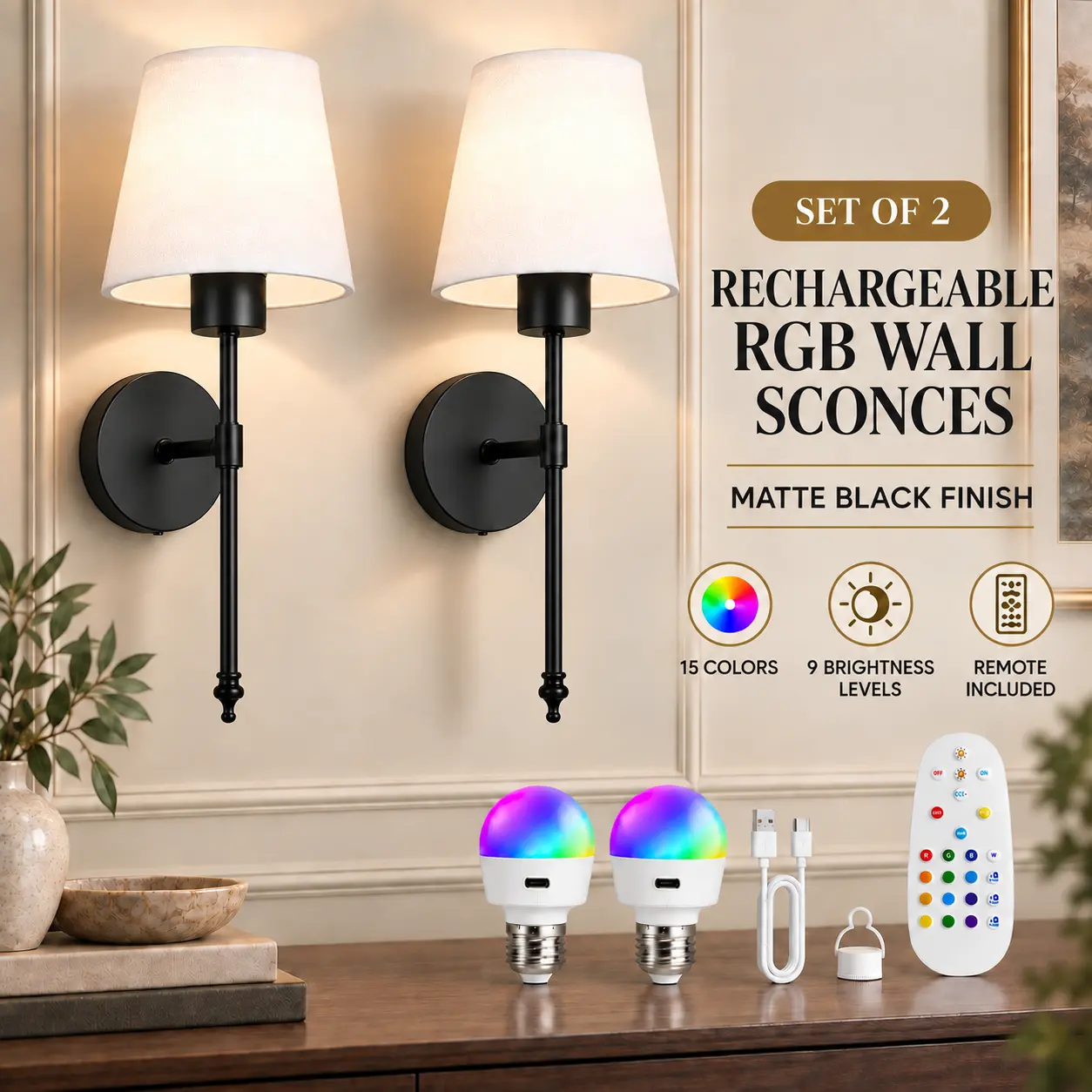 Set of 2 Rechargeable RGB Wall Sconces with RF Remote & Timer, 15 Colors, 9 Brightness Levels, 3 Color Temperatures, Cordless Fabric Shade Wall Lights for Bedroom, Living Room & Hallway