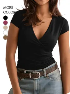 Women's Top Deep V Neck Slim Fitted Aesthetic T-Shirt, Front Wrap Design, Ruched Detailing, Short Sleeves, Ideal for Casual Wear