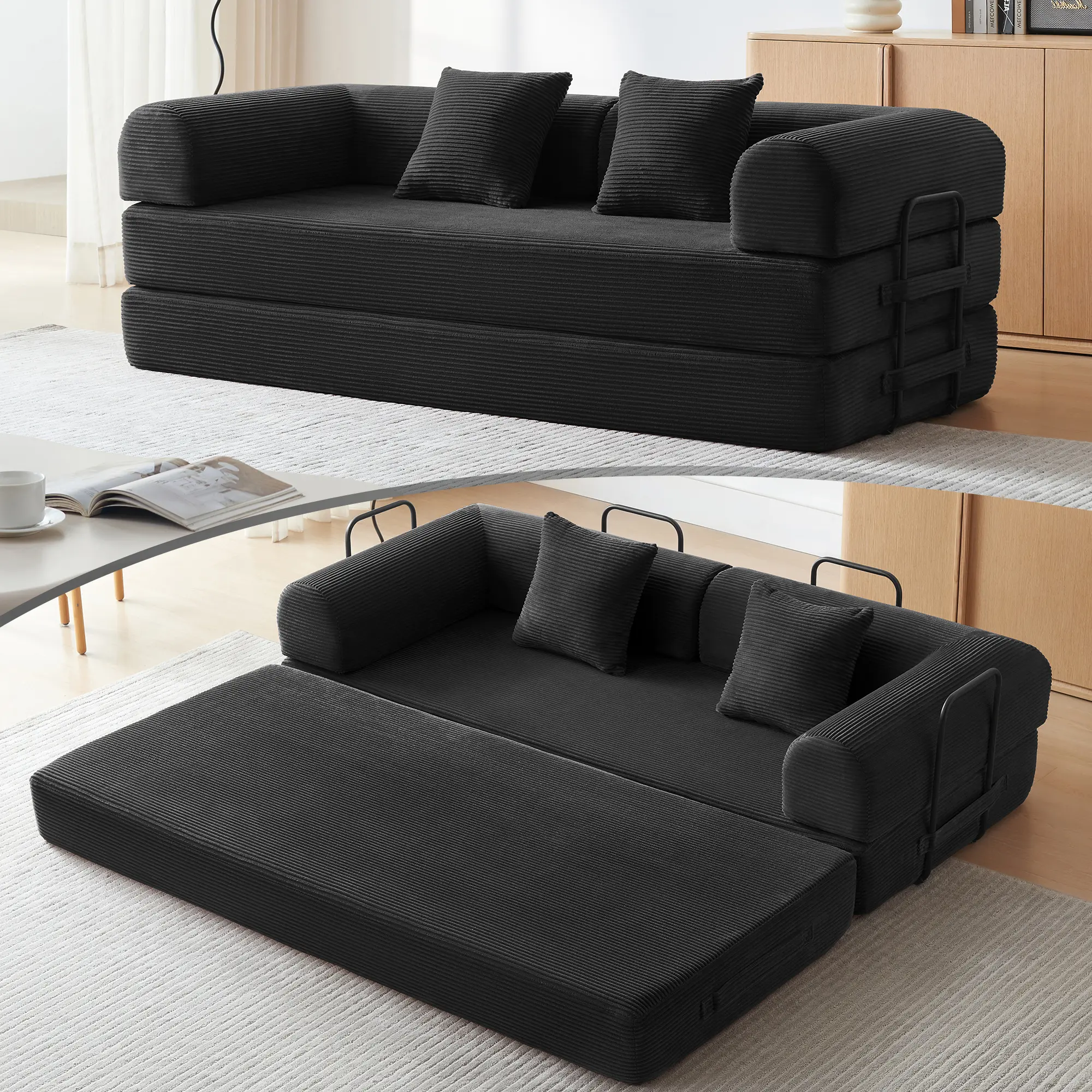 KELVISS 79-in 5-in-1 Convertible Corduroy Sofa Bed with 2 Headrest Pillows, No-Assembly Floor Futon Couch for Apartment, Small Spaces boneless