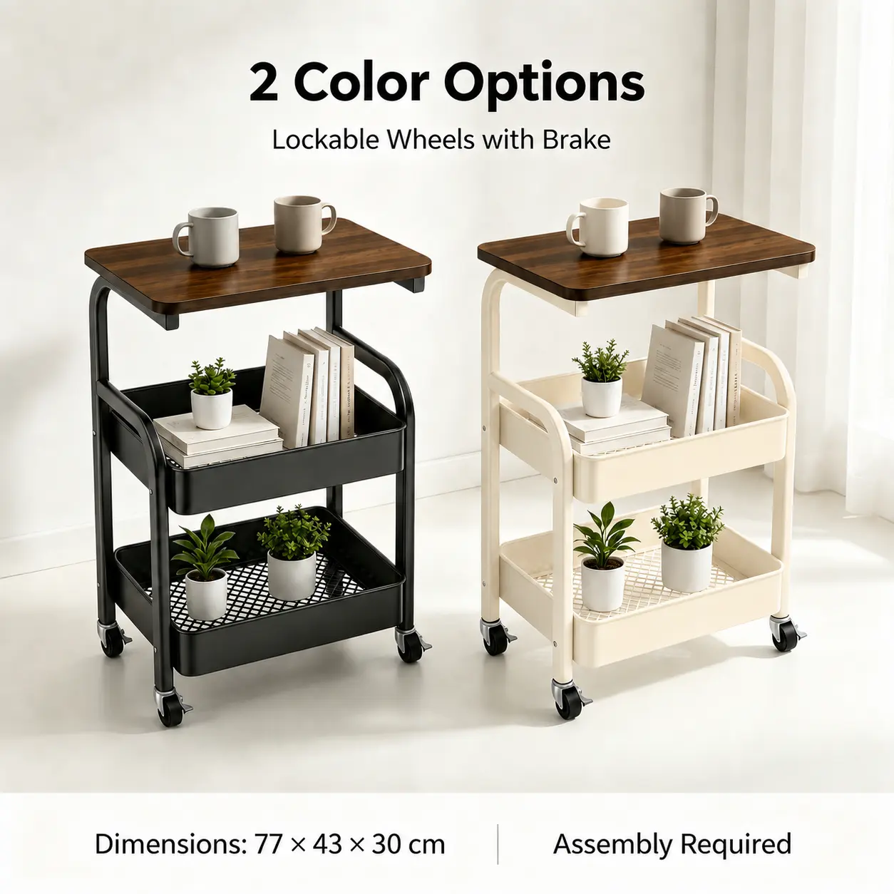 Home Organizer Multi-Purpose Rolling Utility Cart with Wooden Top, 2-Tier Shelves, Storage Holder & Rack