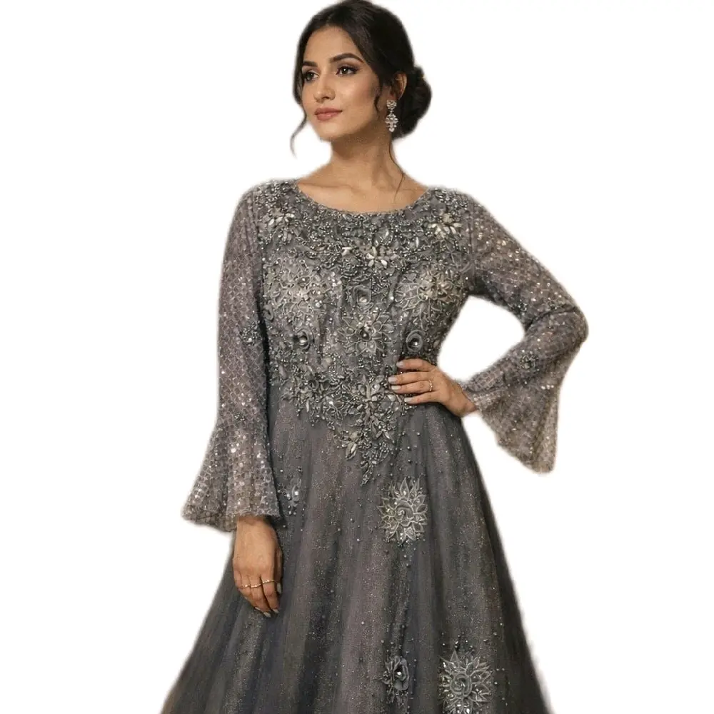 Full Length Grey Ball Gown with Embellished Sleeves and Detailed Floral Design for Special Occasions