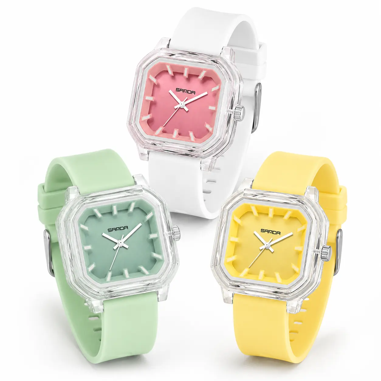 SANDA Women's Silicone Band Analog Watch - Square Shape Transparent Case Soft Strap Female Quartz Watch, Casual Waterproof Fashion Wristwatch (Mint Green/Pink/Yellow)