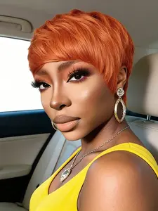 Short Pixie Cut Human Hair Wig With Bangs Orange 99J Natural Color Full Machine Made Natural Looking Daily Wear Wig