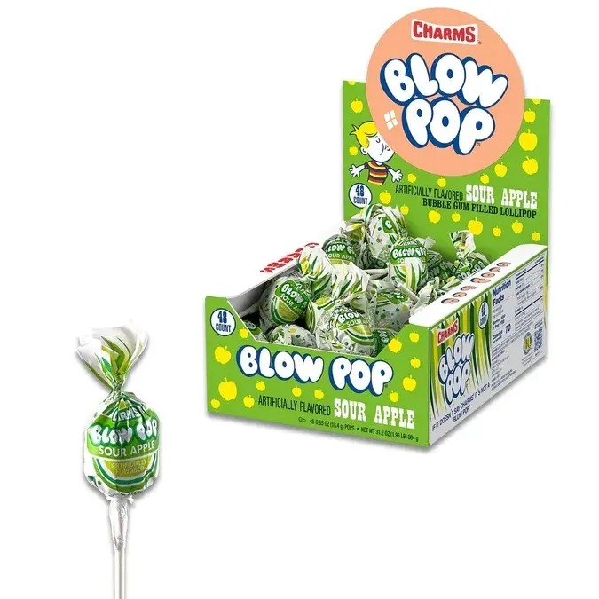Charms Sour Apple Blow Pops 48 ct. - Sweet and Hard Candy Lollipop with Soft Chewy Bubble Gum Center with Green Apple Flavor - 48 Count Pack