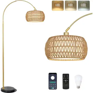 Modern Curved Floor Lamp with Smart Remote Control, Adjustable Height, Three Color Temperatures, Bohemian Design, Creates a Cozy Atmosphere, Home Decoration (Marble Base with Pattern, No Cracks)