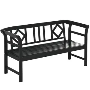 Black wooden patio bench three person design rustic diamond pattern backrest armrests for porch garden backyard leisure