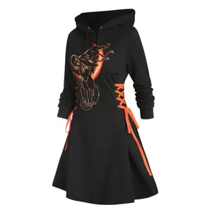DRESSLILY 2025 Women's Gothic Hoodie Dresses Cat Witch Moon Print Lace Up Hooded Dress Drawstring Long Sleeve Mini Dress