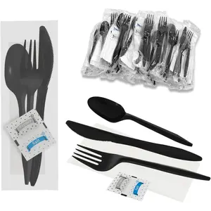 50Pack Individually Wrapped Black Plastic Cutlery Sets Includes Knife Fork Spoon Napkin Salt Pepper for Delivery Cafeterias Restaurants