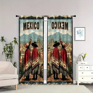 Mexican city scenes and traditional costumes; double-sided blackout curtains, suitable for living rooms, bedrooms, and apartments, perfect for New Year's decorations.