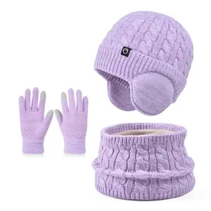 Winter Knit Hat, Gloves & Infinity Scarf Set - Soft Lavender Pastel Beanie with Ear Flaps, Cable-Knit Design & Elastic Wrist Cuffs |   Warm Cozy Outfit for & |   Cold Weather Accessories (Unisex)