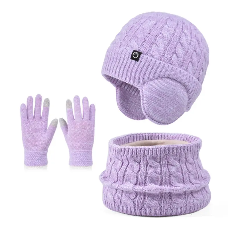 Unisex 3-Piece Soft Knitwear Set - Cable-Knit Beanie with Ear Flaps, Gloves & Infinity Scarf, Soft Lavender Pastel Winter Fashion Accessory Set, Knit Set