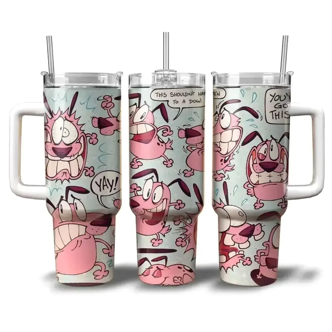 Courage The Cowardly Dog 40oz Tumbler, Pink Scared Dog Cartoon Travel Mug, 90s Network Nostalgia Cup with Handle