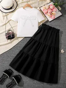 Girls' Round Neck Bow Short Sleeve Top & Lace Long Skirt Set, Co Ord Set, Casual Summer for Daily Wear
