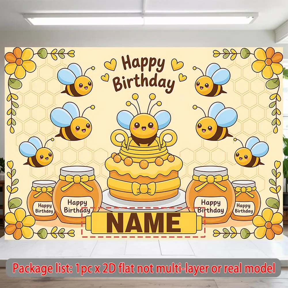 Personalized 2D Flat Bee Birthday Banner, 1pc Reusable Polyester Party Decoration Supplies, Custom Name Cute Bees Honey Jars Cake Design, 90.5x70.8in Large Wall Decor for Birthday Shower