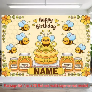 2D Flat, 1pc Personalized Bee Birthday Banner with Custom Name - Honey Party Decorations, Cute Bees, Honey Jars & Cake - Large Party Backdrop (90.5x70.8in) Birthday Party, Wedding, Shower