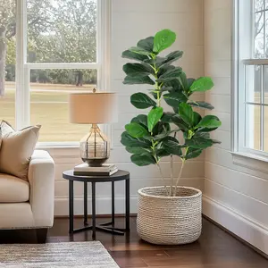 4/5/6FT Fiddle Leaf Fig Artificial Tree Faux Floor Plant with Black Planter Pot, Potted Fake Fiddle Leaf Fig Tree for Indoor Outdoor Home Office Decor
