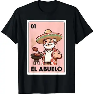 El Abuelo Grilling Grandpa Mexican Bingo Card Unisex T-Shirt Cotton Menswear Man Classic Top Day Spring Streetwear Garment Heart Prints Smooth Tshirt Novelty Graphic T Shirt funny tshirt Undershirts Tees Casual Streetwear Classic Plain Men's Women Cotton