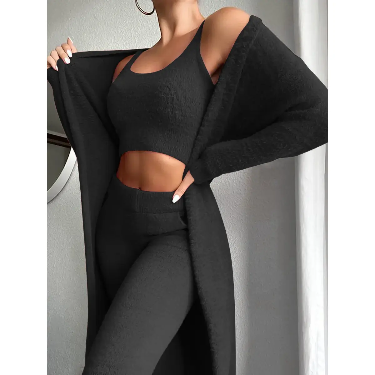 Women's Sweater Pajamas Set with Fuzzy Fleece Sleepwear and Robe - 3-Piece Lounge Wear Set HINATIVE