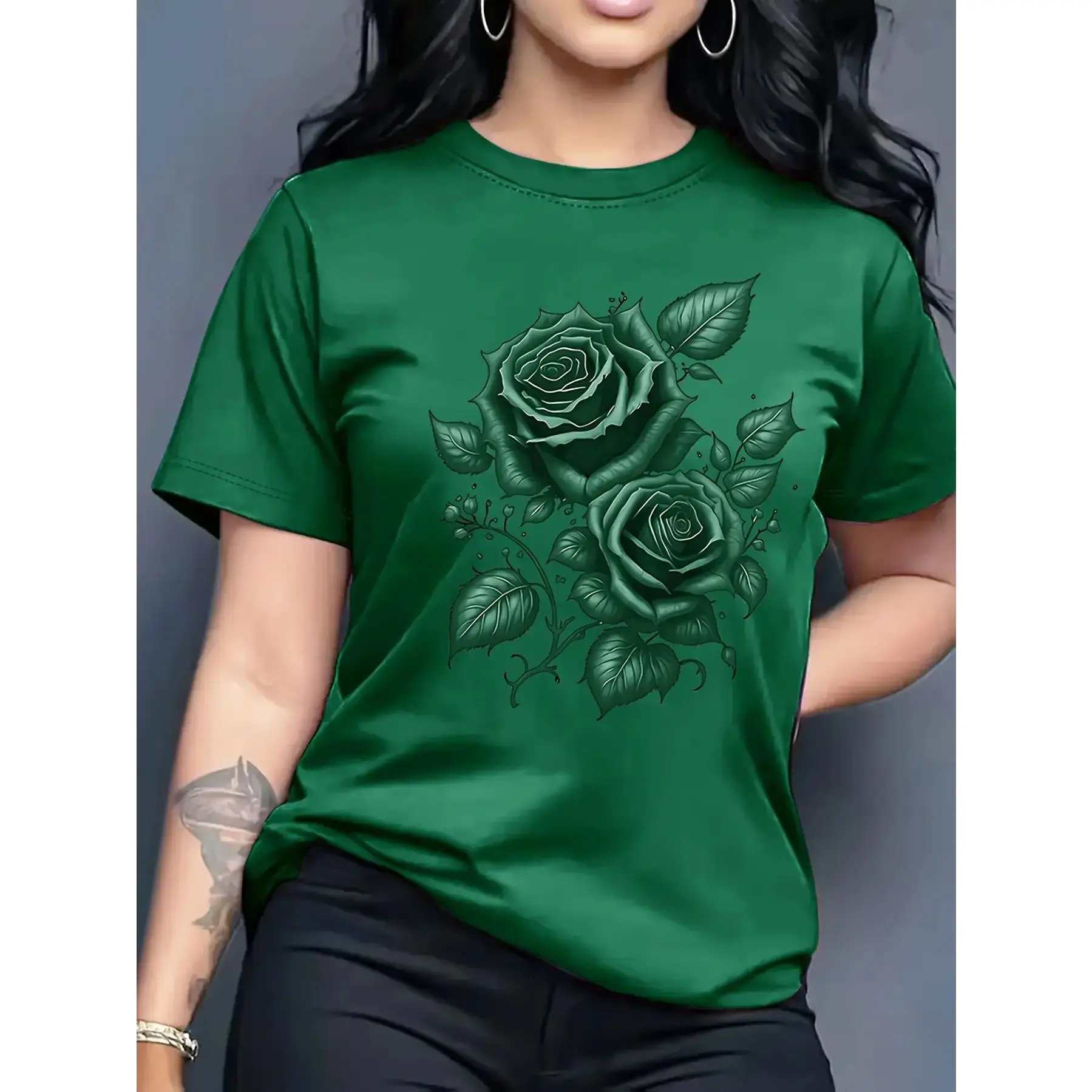 Women's 100% Cotton Green Rose Printed Short-Sleeve Round Neck Basic Fit Tee, Soft Smooth Fabric for Spring Summer Weddings, Daily Wear