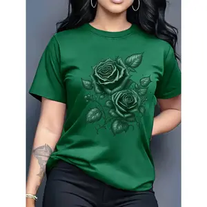 100% Cotton Women's Green Rose Graphic T-Shirt Short Sleeve Round Neck Casual Top Soft and Smooth Fabric for Spring Summer Weddings Parties and Daily Wear Fabric