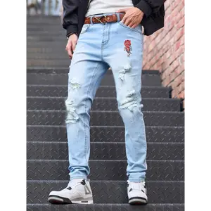 Men's Slim-Fit Rose Embroidered Ripped Jeans in Light Blue - Stretch Denim, Machine Washable, Rose Flower, Denim