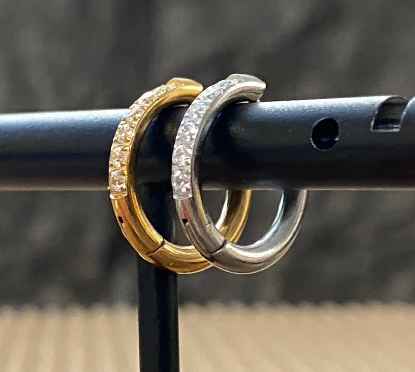 PAIR CZ Gem Accented Hinged Hoop Earrings 316L Stainless Steel Hinge Action 18g