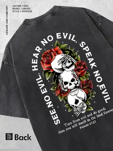 Mens Graphic Tee Vintage Skull Rose Hear No Evil Speak No Evil Print Casual Design T Shirt Streetwear Style Crewneck Short Sleeve 230G Washed Cotton Soft Breathable Comfortable Fit Daily Wear Summer Outdoor Trendy Aesthetic Fashion Top