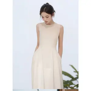Light and mature style round neck sleeveless white dress women's summer new style annual temperament thin big pendulum medium and long skirt Elegant A-line sleeve a-line dress length coachella outfits