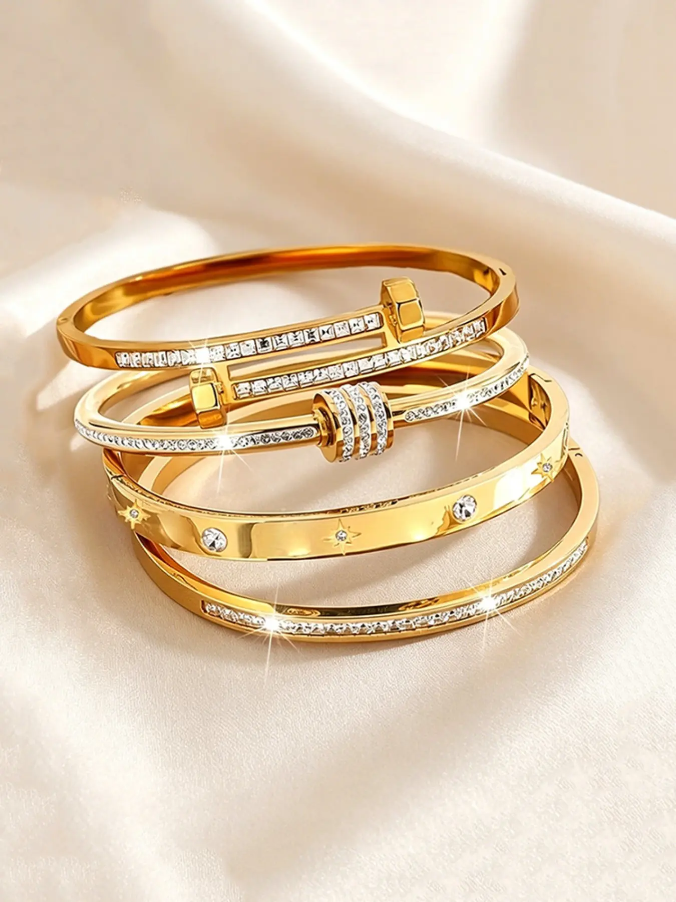 Elegant Zircon Stainless Steel Bracelet Set, Stackable Bracelets, Bracelet Style, Waterproof & Fade-Resistant, Perfect for All Seasons, Ideal Party Jewelry for Women