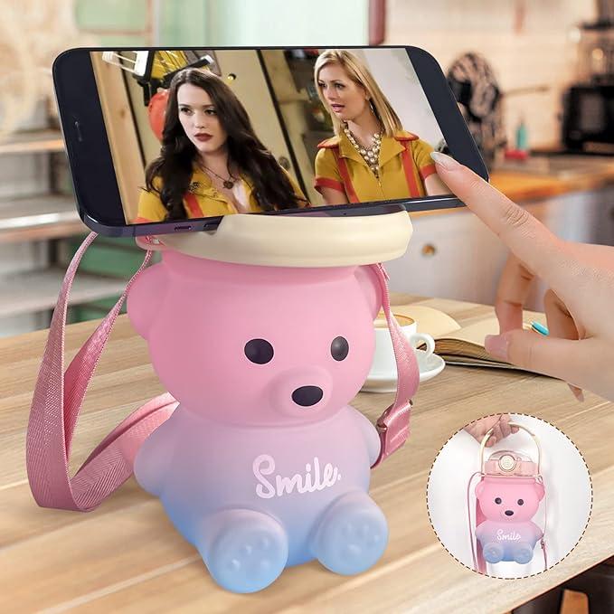 Cute Bear Water Bottle with Strap and Straw, 32oz Kawaii Water Bottles, Leak-proof Plastic Drinking Cups Camping Picnic Hiking Travel