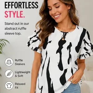 Black & White Abstract Print Ruffle Sleeve Blouse – Casual Loose Fit Women’s Top
