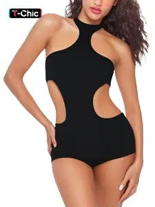 Women's Sexy Backless Cut-Out Jumpsuit, Tight-Fitting Shortalls, Halter Neck Design, Sleeveless, Hollow Out Bodycon One-Piece Jumpsuit