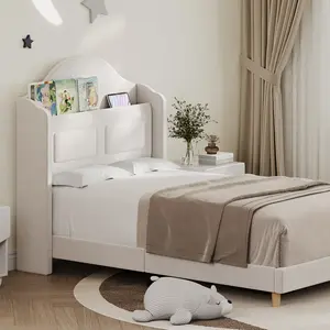 Princess Twin Soft Upholstered Platform Bed for Kids Headboard, Plain Wooden Slats, Noise-Free, Easy Assembly - Beige