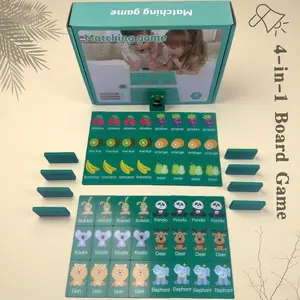 Wooden Multi-Functional Four-In-One Board Game Set, Fruit Animal Chain Memory Chess Dominoes Connect Three, Kids Early Education Toy, Family Board Games