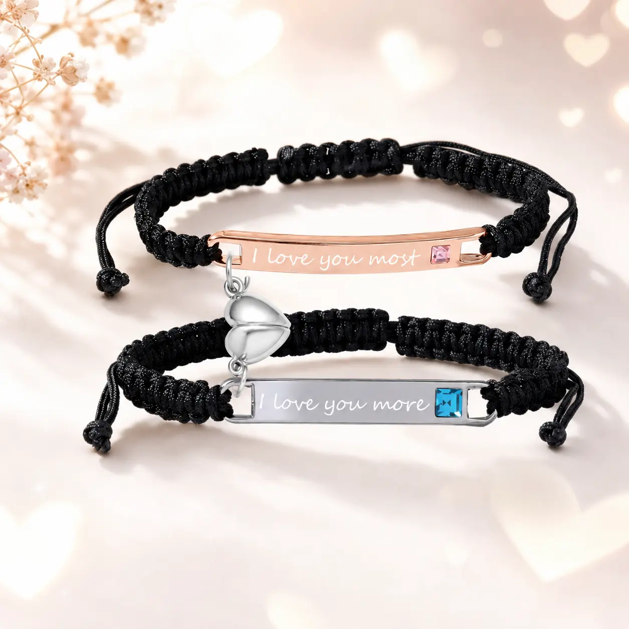 2Pcs Matching Couple Bracelets Set, I Love You Most I Love You More Adjustable Braided Bracelets, Rose Gold & Silver Love Bar Bracelets with Heart Charm, Romantic Jewelry Gift for Couples